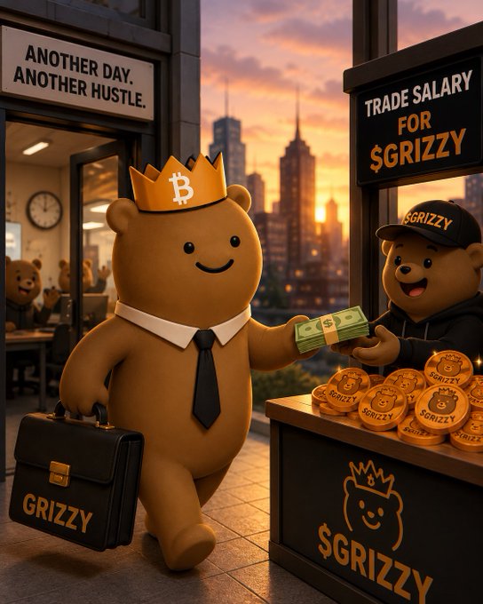 The image features a cartoon bear dressed as a businessman, holding a briefcase and standing next to a table with stacks of money. The caption reads "My motivation to go to work? More $GRIZZY." This suggests that the bear is motivated by the idea of making more money or achieving financial success, which could be related to the trading of Bitcoin or other digital assets.

The background shows an urban cityscape with tall buildings and a clock tower, indicating that this scene takes place in a bustling city environment. The bear's attire and the presence of the money suggest that it is promoting or discussing the concept of cryptocurrency or digital currency, which has become increasingly popular in recent years due to its potential for high returns and anonymity.