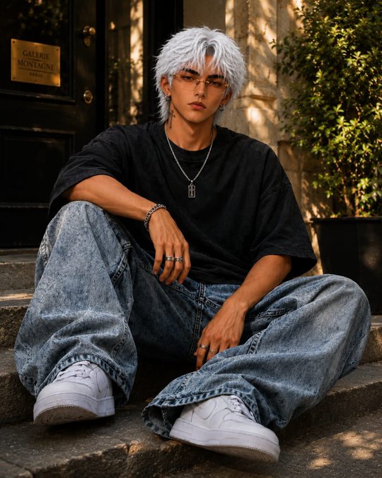 A young man with white hair and glasses sits on stone steps outside a building marked 'GALERIE MONTAGNE', wearing a black t-shirt, silver chain, and baggy acid-wash jeans with white sneakers.