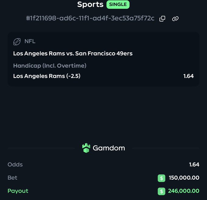 A Gamdom sports betting slip shows a $150,000 single bet on the Los Angeles Rams (-2.5) against the San Francisco 49ers at 1.64 odds, with a potential payout of $246,000. This aligns with the user's post about voiding their 49ers bet and going "all in" on the Rams instead.