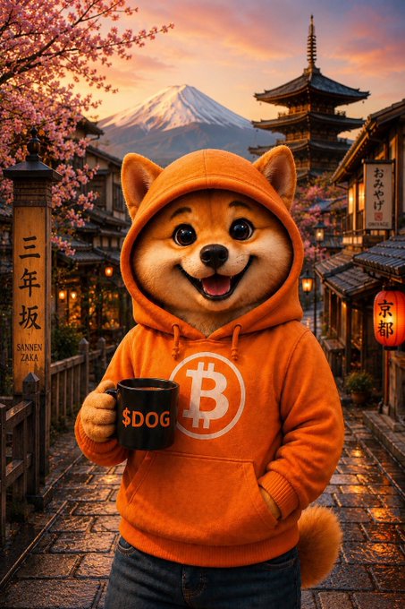 An AI-generated Shiba Inu dog wearing an orange hoodie with a Bitcoin logo holds a mug reading '$DOG' in a stylized Japanese street scene featuring Mt. Fuji, cherry blossoms, a pagoda, and signs reading '三年坂 SANNEN ZAKA' and '京都'.