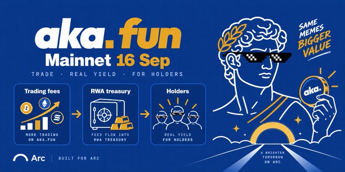 A blue promotional banner for 'aka.fun Mainnet 16 Sep' featuring an illustration of a figure with pixelated sunglasses and a laurel wreath, with sections on Trading fees, RWA treasury, and Holders.