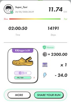 xtra, super, taxii's fitness app displays a running log with the time and distance traveled, as well as a yellow shoe purchase.