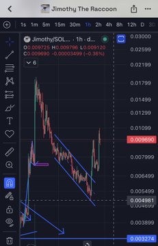 TradingView chart for 'Jimothy The Raccoon' / $JIMOTHYSOL showing a 1-hour timeframe with price at 0.009800, down -0.36%, with bearish trendlines drawn on the chart.