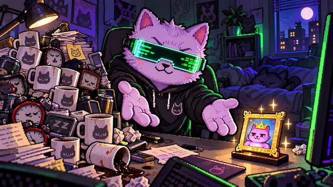 This pixel art image features a cool cat character in futuristic glasses holding up a framed portrait of another cat, likely representing a community wallet submission. The surrounding desk is cluttered with coffee cups, alarms, and papers, all decorated with cat motifs, visually communicating the theme of a busy, perhaps late-night, submission deadline.