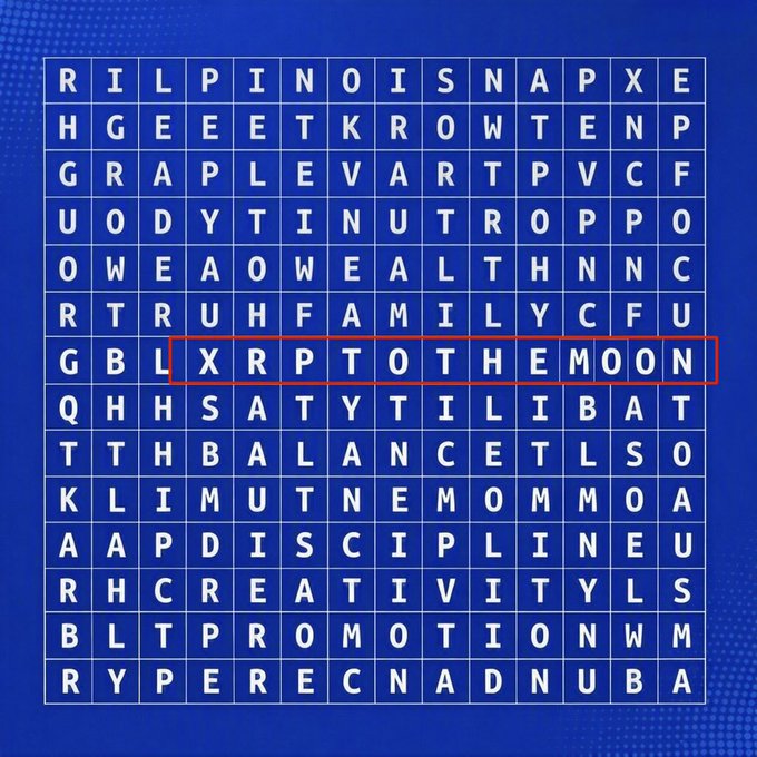 The image shows a word search puzzle where the phrase "XRP TO THE MOON" is highlighted with a red box, tying into the post's bullish sentiment toward the $XRP cryptocurrency.