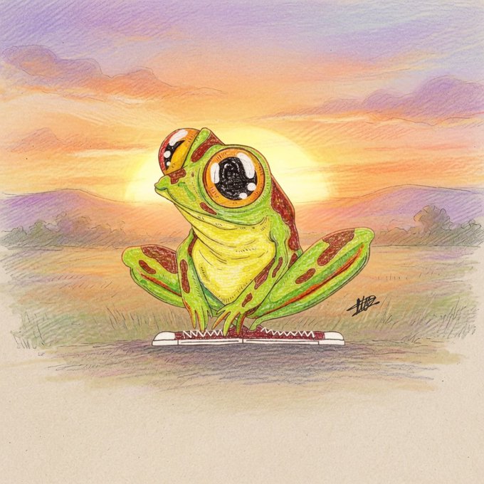 A colorful drawing of a green tree frog with red spots sitting on a small platform at sunset.