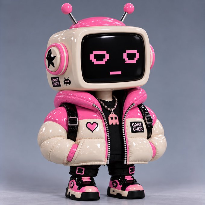 A designer collectible toy figure featuring a TV-headed character in a pink and cream puffer jacket with 'GAME OVER' patches, heart details, and pink accents.