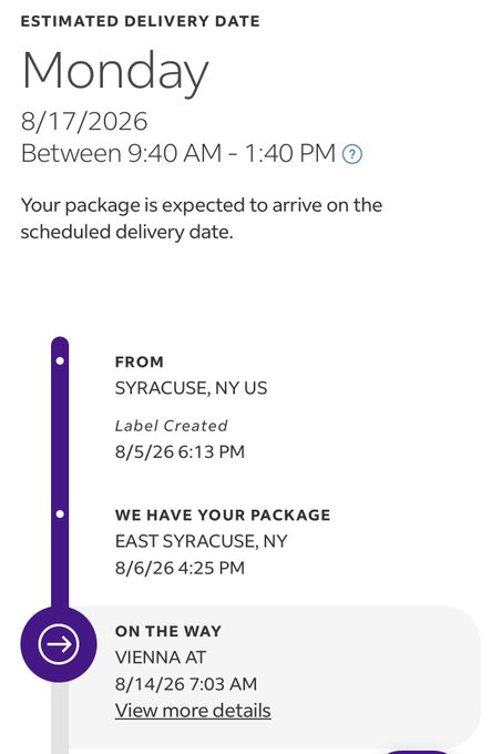 A package tracking screenshot showing an estimated delivery date of Monday 8/17/2026 between 9:40 AM - 1:40 PM, with tracking progress from Syracuse, NY to a current "ON THE WAY" status in Vienna, VA.