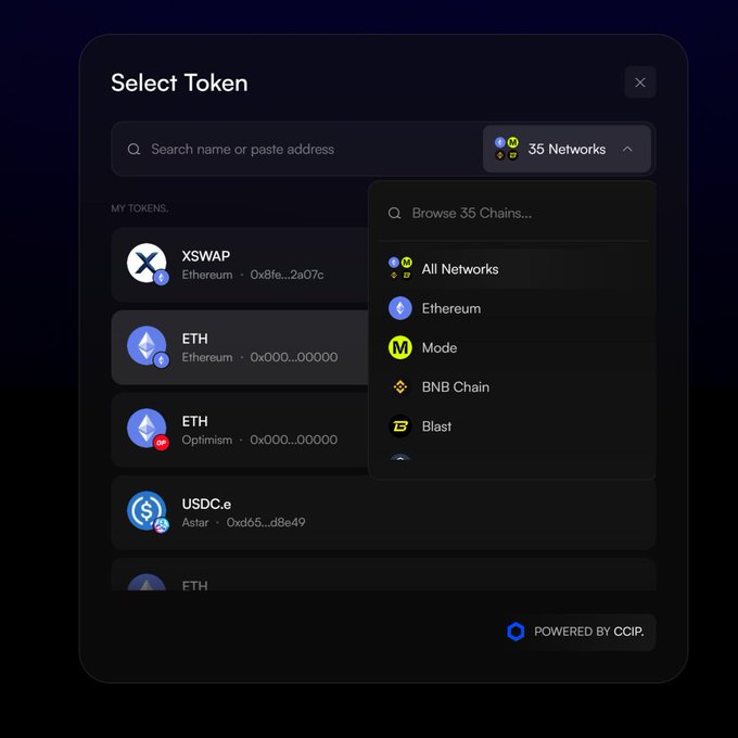 A dark-themed "Select Token" modal on XSwap displays a search bar, a "35 Networks" dropdown, and a list of user's tokens including XSWAP, ETH (on Ethereum and Optimism), and USDC.e (on Astar), with a network selector panel open showing options like Ethereum, Mode, BNB Chain, and Blast. The interface illustrates the new unified flow for picking a network and token, powered by CCIP, as introduced in the accompanying post.