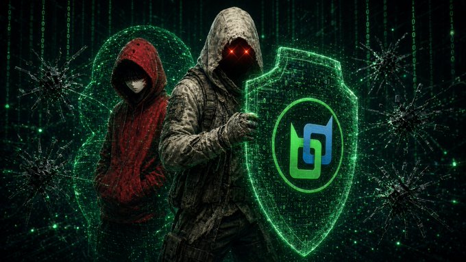 Two hooded figures with glowing red eyes stand in front of a digital green shield displaying a stylized logo, set against a dark matrix-like background with bullet impact graphics.