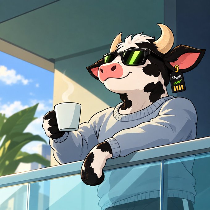 An anime-style illustration shows a relaxed cow wearing sunglasses and a light blue sweater, holding a steaming cup on a balcony with a 'SNDK' battery tag on its ear.
