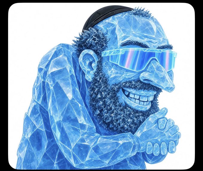 A cartoonish figure made entirely of blue ice crystals wears futuristic wraparound sunglasses and a small black kippah, smiling while rubbing his hands together in a scheming gesture. The icy, "chilling" aesthetic plays on the "Any undervalued gems?" post, suggesting someone on the hunt for hidden opportunities—perhaps trying to stay cool while sizing up the next potential winner.