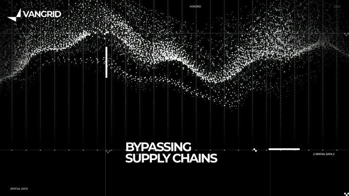 A black digital landscape composed of scattered white particles features the VANGRID logo and the text 'BYPASSING SUPPLY CHAINS'.