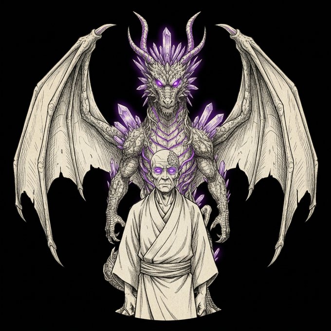 A bald monk in flowing robes stands before a massive, horned dragon with outstretched wings and glowing purple crystal spikes, set against a stark black background. The image visually embodies the post's call to "claim the dragon" and awaken a "primal bloodline," symbolizing the mystical transformation tied to burning the $EARTHQUAKE token.