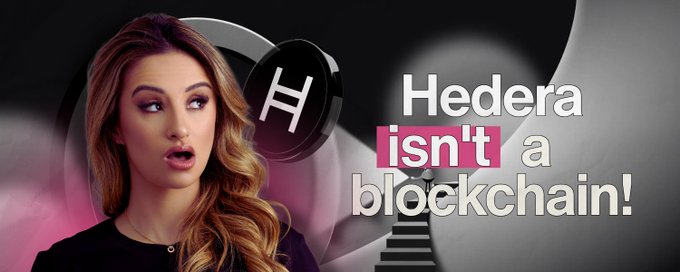 A woman with long wavy hair appears shocked next to the Hedera (HBAR) coin logo, alongside bold text reading "Hedera isn't a blockchain!" — visually reinforcing the post's message that $HBAR is a long-term investment pick because it uses a different technology (hashgraph) rather than traditional blockchain.