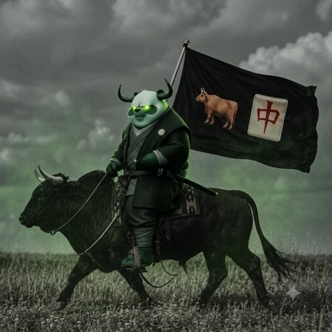 A horned, green-eyed figure in samurai attire rides a bull while carrying a black flag displaying a bull illustration and a mahjong tile with the Chinese character "中" (zhōng, meaning "middle" or "center"). The bull-riding imagery ties into crypto trader Ansem's "131k" followers milestone by playfully channeling bullish market energy, with the flag's symbol suggesting hitting a target or goal.