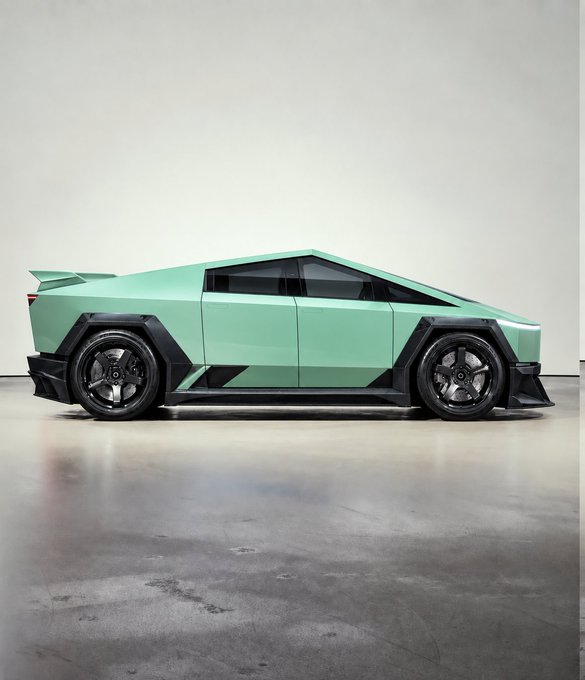 A side-profile view of a futuristic, angular mint-green vehicle resembling a Tesla Cybertruck with black accents and wheels, parked in a concrete studio.