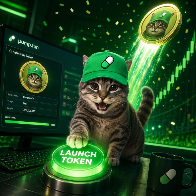 A digital artwork featuring a tabby cat wearing a green cap pressing a "LAUNCH TOKEN" button, with a "pump.fun" interface showing a token named "PumpFunCat" (PFC) and a gold cat coin.