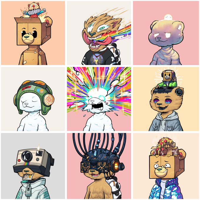 The image features a grid of nine cartoon bear characters, each wearing unique costumes and accessories. The bears have their heads tilted upwards or downwards, giving them an amusing appearance. Some of the bears are dressed as humans with hats, while others wear funny outfits that make them look like they're in a cartoon-like world. The bears are arranged in a square format, creating a visually appealing grid.