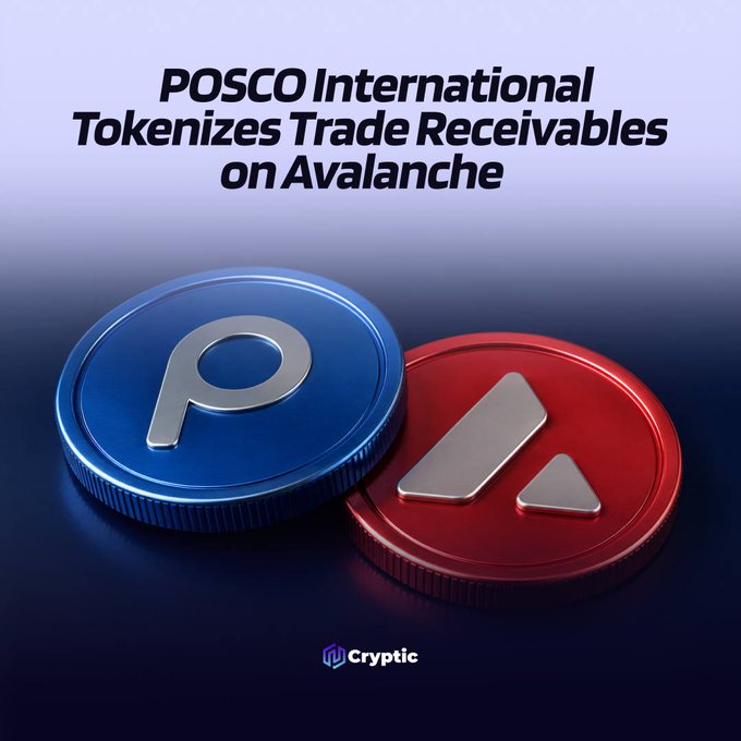 The image displays a stylized 3D graphic of two coins — a blue one featuring the POSCO International "P" logo and a red Avalanche "A" logo — set against a dark gradient background, with the headline "POSCO International Tokenizes Trade Receivables on Avalanche" and the Cryptic logo at the bottom. It visually represents the partnership between POSCO International and the Avalanche blockchain in their pilot to tokenize trade receivables, complementing the post's announcement of the on-chain trade finance initiative.