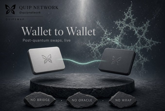 An advertisement for Quip Network and QuipSwap features the text 'Wallet to Wallet' and 'Post-quantum swaps, live' above two floating metal devices, with the tags 'NO BRIDGE', 'NO ORACLE', and 'NO WRAP' on stones below.