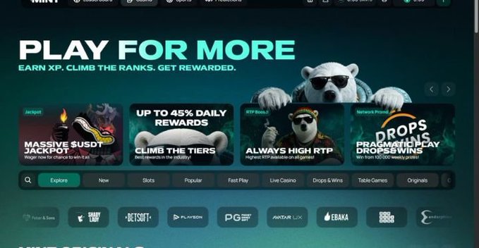 Promotional banner reading 'PLAY FOR MORE' with text 'EARN XP, CLIMB THE RANKS, GET REWARDED,' featuring offers including 'MASSIVE $USDT JACKPOT,' 'UP TO 45% DAILY REWARDS,' 'ALWAYS HIGH RTP,' and 'DROPS DROPS EVERYDAY DROPS & WINS,' alongside game category tabs and provider logos.
