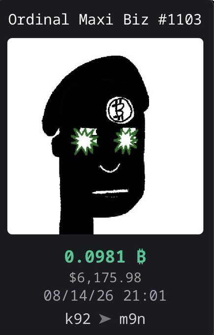 A digital card titled 'Ordinal Maxi Biz #1103' featuring a black silhouette head with green starburst eyes and a 'B' symbol, listed at 0.0981 B ($6,175.98).