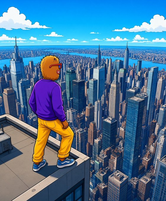 A cartoon illustration of a person with an animal-like face, wearing a purple hoodie and yellow pants, standing on the edge of a skyscraper rooftop overlooking a city skyline.