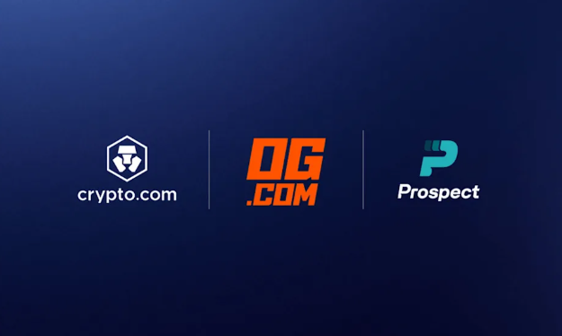 Three corporate logos are displayed side-by-side on a dark blue background: 'crypto.com' in white, 'OG.COM' in orange, and 'Prospect' with a teal 'P' icon.
