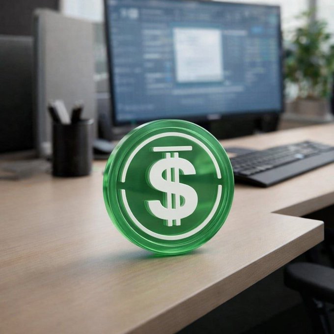 A translucent green coin with a dollar sign glows on a wooden desk in front of a computer monitor displaying a workspace.