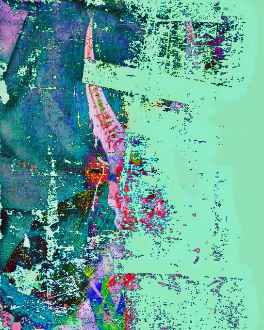 An abstract, glitchy digital artwork featuring a vertical composition of textured green, purple, and pink forms on the left that fade into a bright mint green background on the right.