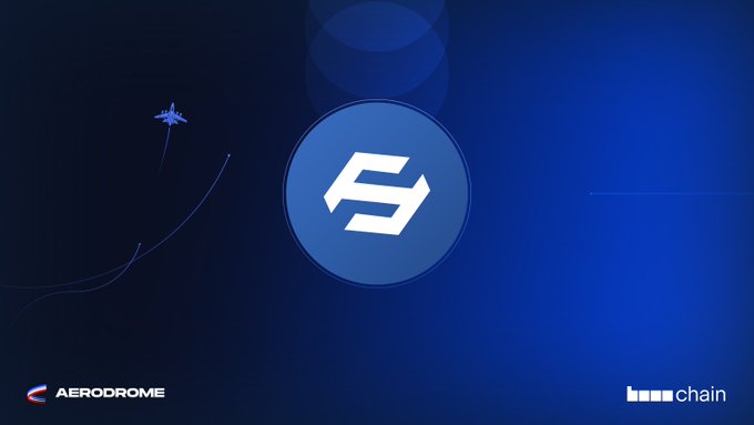 A dark blue graphic featuring the stylized "S" logo of Folks Finance, with "AERODROME" and "chain" branding at the bottom and an airplane icon soaring upward, visually celebrating the launch of the $FOLKS-$USDC pool on Aerodrome now eligible for AERO emissions.