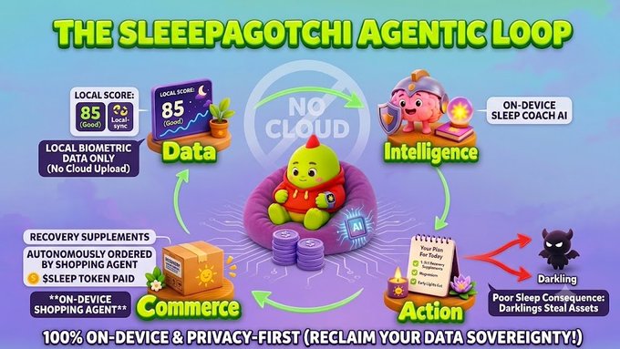 An infographic titled 'THE SLEEPAGOTCHI AGENTIC LOOP' illustrating an on-device AI cycle with Data, Intelligence, Action, and Commerce stages, featuring a green blob character and text emphasizing '100% ON-DEVICE & PRIVACY-FIRST'.