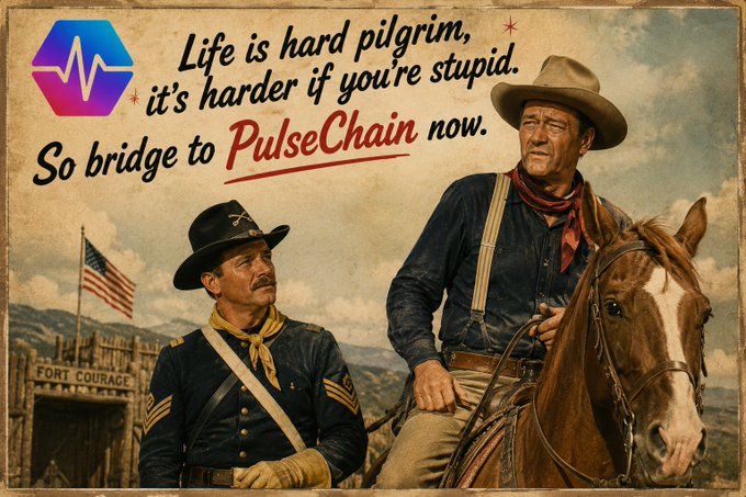 A vintage-style western image of two cowboys, one on horseback, with text reading 'Life is hard pilgrim, it's harder if you're stupid. So bridge to PulseChain now.'