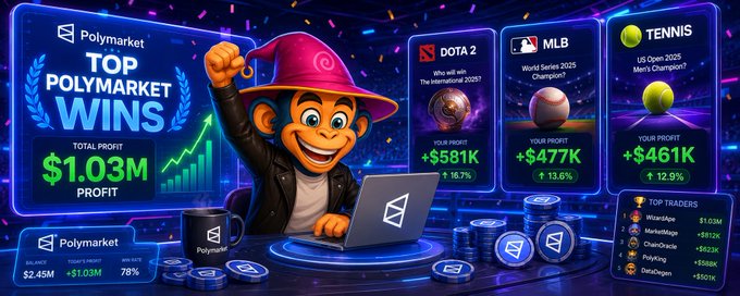 A digital graphic titled 'Polymarket TOP MARKETS WINS' showing a total profit of '$1.03M', featuring a cartoon character in a wizard hat alongside sports markets for 'DOTA 2' ('$581K'), 'MLB' ('$477K'), and 'TENNIS' ('$461K').