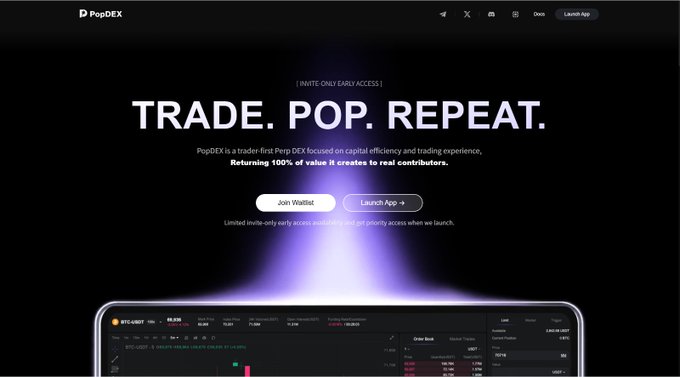A website screenshot for 'PopDEX' with the headline 'TRADE. POP. REPEAT.' and text describing it as a 'trader-first Pepp DEX focused on capital efficiency and trading experience,' featuring a 'Join Waitlist' button and a cryptocurrency trading interface showing 'BTC/USDT'.