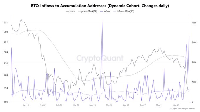 The image depicts a graph showing the flow of Bitcoin into an accumulation address (also known as Accumulation Address). The x-axis represents time with days numbered, while the y-axis shows the amount of BTC flowing into each accumulation address. There is a steep decline in BTC inflows over three days, with a maximum decrease on Day 3 and a significant drop starting from Day 2, which was the highest day for Bitcoin inflows. The graph also shows the largest influx on Day 1, while the smallest inflow occurs at Day 3. It appears that large whales are absorbing all the selling volume from retail investors during this downward trend in Bitcoin price movements.