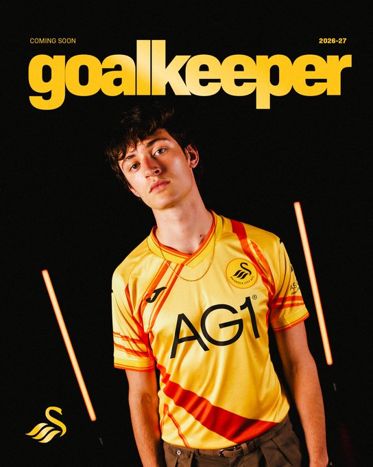 A young goalkeeper models the Swansea City (SwansOfficial) 2026-27 home kit, featuring a striking yellow jersey with orange and red accents and the "AG1" sponsor logo across the chest. The promotional poster reads "COMING SOON" and "2026-27," highlighting the kit's "ASI:One" branding.