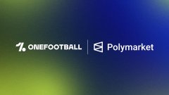 The image features two logos, one for "OneFootball" and another for "Polymarket", both in white against a blue background. The text "7% Onefootball Polymarket" is written below each logo. The logos are positioned side by side with their respective texts, creating a visually appealing contrast between the two brands.