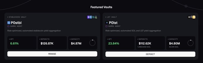 Featured Vaults dashboard showcasing P0stbl ($126.87K deposits, 6.61% APY, $4.87M capacity) and P0lst ($112.62K deposits, 23.84% APY, $4.80M capacity), both stablecoin yield aggregation vaults that have surpassed $100K in deposits as highlighted by the Project0 announcement.