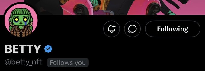 A Twitter/X profile for "BETTY" (@betty_nft) with a verified checkmark, showing a green zombie-like cartoon avatar and a "Following" button.