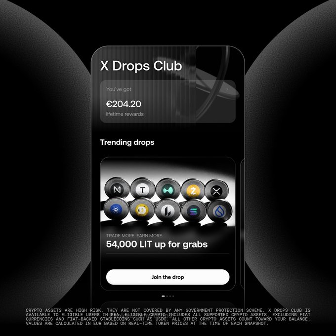 A promotional screenshot for the 'X Drops Club' app showing lifetime rewards of €204.20 and a trending drops section offering '54,000 LIT up for grabs'.