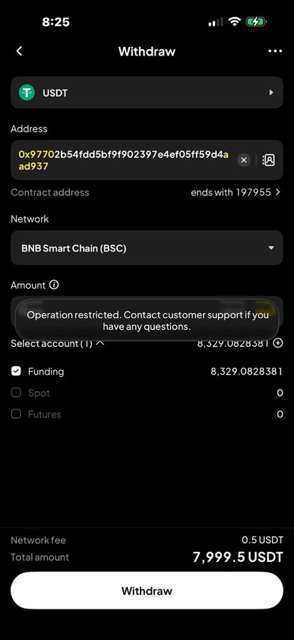 The image shows a WEEX cryptocurrency withdrawal screen for USDT on the BNB Smart Chain, where a user is attempting to withdraw ~7,999.5 USDT to address 0x97702b54fdd5bf9f902397e4ef05ff59d4aad937 but is met with an "Operation restricted" error message. This visually supports the post's complaint about WEEX blocking the withdrawal of the user's $63,650 balance, illustrating the platform's alleged refusal to release funds.