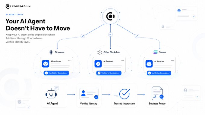 A Concordium promotional graphic titled "Your AI Agent Doesn't Have to Move" explains that AI agents can gain verified trust through Concordium's identity layer while remaining on their original blockchain, showing support for Ethereum, Solana, and other networks. The image visually reinforces the post's message by depicting AI agents maintaining their native chains while receiving verification badges, leading to a process flow from "AI Agent" to "Verified Identity" to "Trusted Interaction" to "Business Ready."
