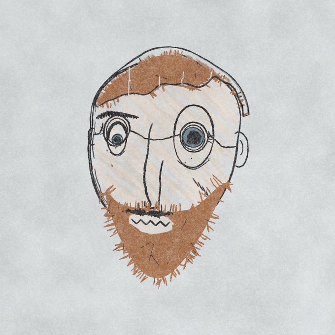 A child-like drawing of a man with a brown beard, glasses, and a worried expression on lined paper.