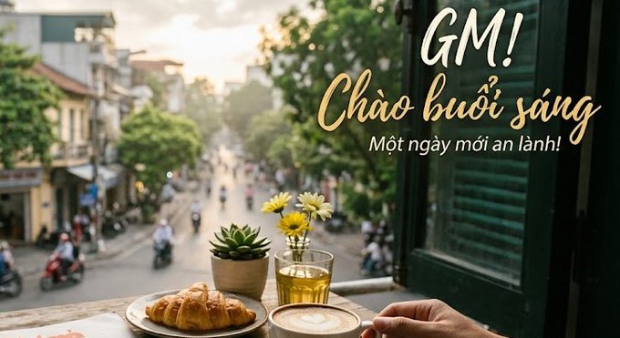 A scenic morning view from a café window in Vietnam with a croissant, coffee, and flowers on the table, overlaid with text 'GM! Chào buổi sáng Một ngày mới an lành!' (Good morning, have a peaceful new day).