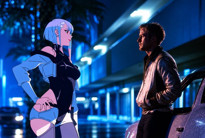 An animated woman with blue hair stands face-to-face with a man in a leather jacket beside a car at night, set against a neon-lit city backdrop—evoking a futuristic, stylized vibe that mirrors the speculative, forward-looking tone of waiting for a new wave of progressive retail to drive a crypto rally fueled by the AI boom. No text or numbers are visible in the image.