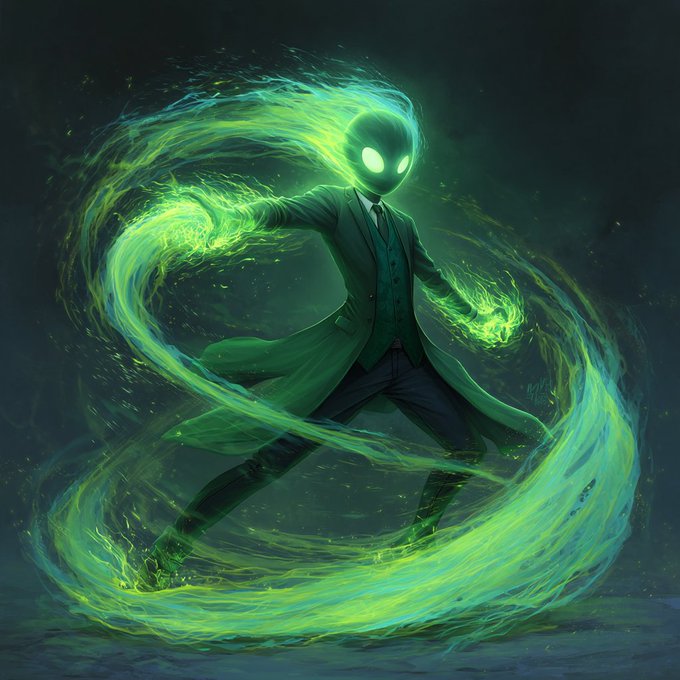The image features a character with green eyes and a green body that appears to be glowing, possibly due to fire or other elements. The character is dressed in a suit and holding two objects - one of which could be a gun. The background of the image is dark, creating an atmosphere of mystery around the character's appearance. The post also mentions token swapping on Platform SWAPS (v2), where users can buy and sell tokens for $WIRE buyback/burn or use them to stake their tokens in order to optimize order routing.
