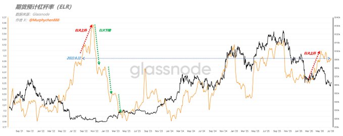 A Glassnode chart titled "期货预计杠杆率 (ELR)" displays the Estimated Leverage Ratio for Bitcoin futures, showing both "ELR上升" (ELR rising) and "ELR下降" (ELR declining) trends with a 2022.6.22 marker, tracking leverage levels against exchange balances from late 2021 through mid-2026. The visualization supports the post's explanation by illustrating how ELR, calculated as futures open interest divided by exchange balance, serves as a proxy metric for assessing overall market leverage conditions over time.