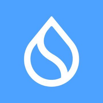 A simple white water droplet logo with an S-curve design on a solid blue background.